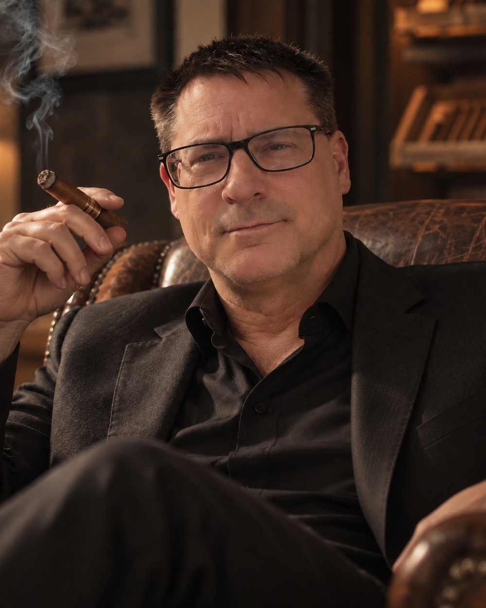 Oliver Markus sitzt in einem Ledersessel, eine Zigarre in der Hand, hinter ihm ein Regal mit Kisten.